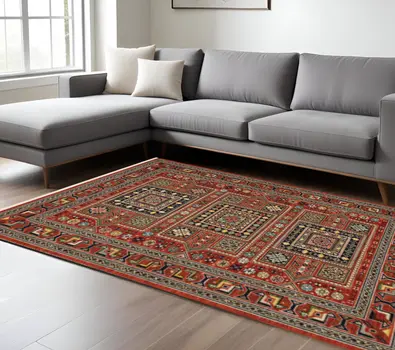 6' X 9' Blue And Red Oriental Power Loom Area Rug With Fringe