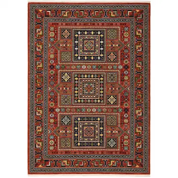 10' X 13' Red Blue And Black Oriental Area Rug With Fringe