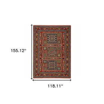 10' X 13' Red Blue And Black Oriental Area Rug With Fringe