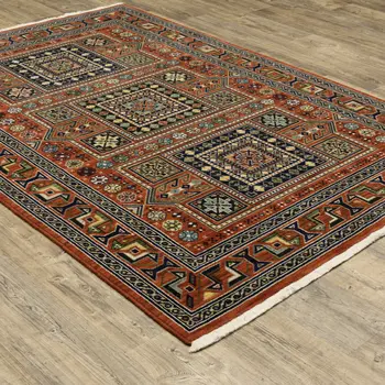 10' X 13' Red Blue And Black Oriental Area Rug With Fringe