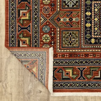 10' X 13' Red Blue And Black Oriental Area Rug With Fringe