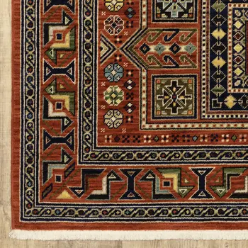 10' X 13' Red Blue And Black Oriental Area Rug With Fringe