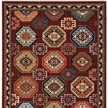 2' X 3' Red Blue Brown And Beige Oriental Power Loom Stain Resistant Area Rug With Fringe