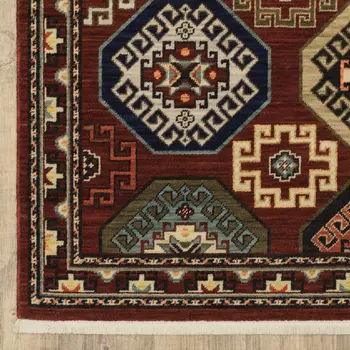 2' X 3' Red Blue Brown And Beige Oriental Power Loom Stain Resistant Area Rug With Fringe