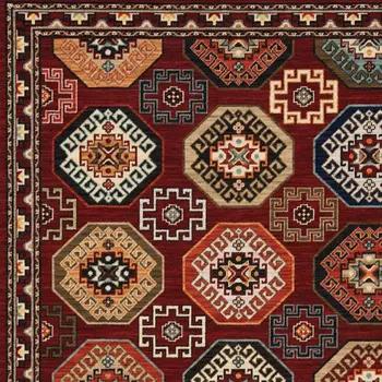 6' X 9' Red Blue Brown And Beige Oriental Power Loom Stain Resistant Area Rug With Fringe