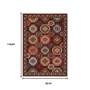 6' X 9' Red Blue Brown And Beige Oriental Power Loom Stain Resistant Area Rug With Fringe