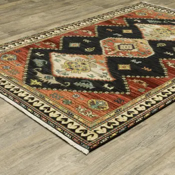 2' X 3' Charcoal Brown Orange Salmon Gold Navy Ivory And Pale Blue Oriental Power Loom Stain Resistant Area Rug With Fringe