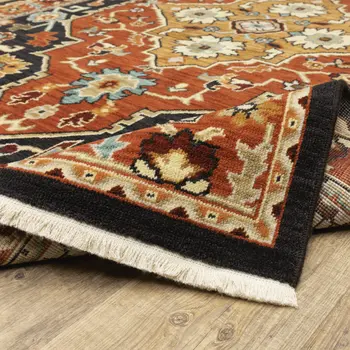 7' X 10' Black And Red Oriental Area Rug With Fringe