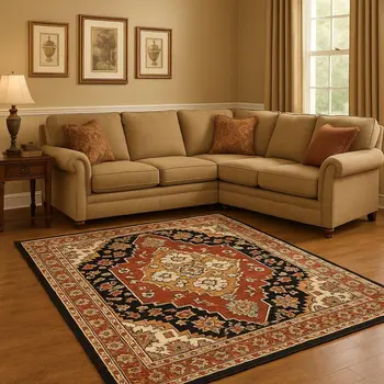 10' X 13' Red and Black Oriental Power Loom Area Rug