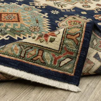 8' X 11' Navy Charcoal Orange Rust Gold Pale Blue Olive Beige And Salmon Oriental Power Loom Stain Resistant Area Rug With Fringe