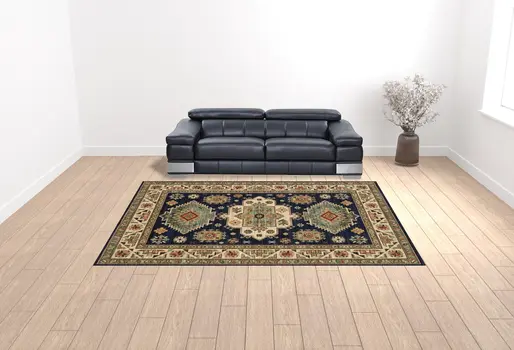 10' X 13' Navy Charcoal Orange Rust Gold Pale Blue Olive Beige And Salmon Oriental Power Loom Stain Resistant Area Rug With Fringe
