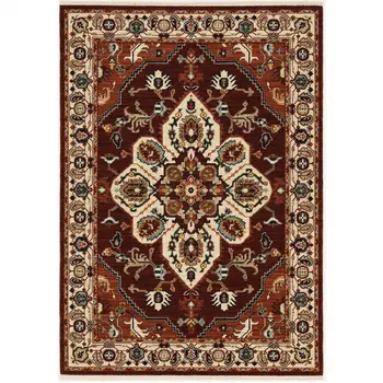 5' X 8' Red Ivory Orange And Blue Oriental Power Loom Stain Resistant Area Rug With Fringe