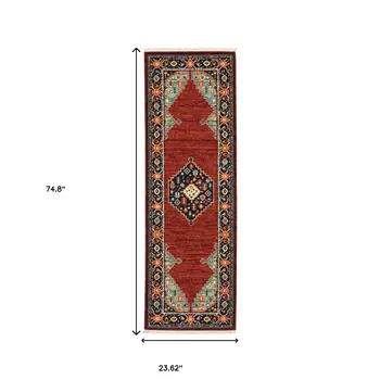 6' Red Blue And Black Medallion Runner Rug