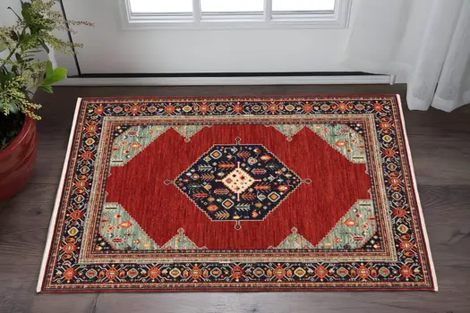 3' X 5' Blue and Red Oriental Power Loom Area Rug
