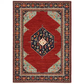 8' X 11' Red Blue Orange And Ivory Oriental Power Loom Stain Resistant Area Rug With Fringe