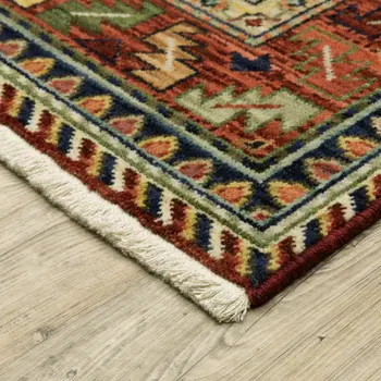2' X 3' Brick Red Orange Rust Beige Gold Pale Blue Olive Navy And Black Oriental Power Loom Stain Resistant Area Rug With Fringe
