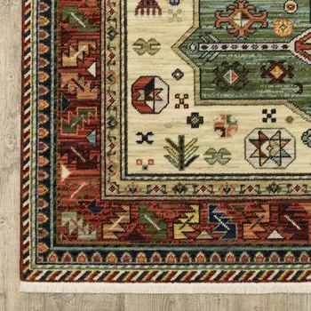 5' X 8' Red Blue And Beige Oriental Area Rug With Fringe