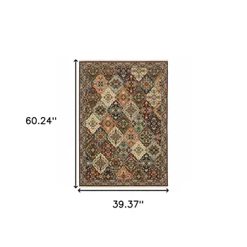 3' X 5' Red Rust Navy Light Blue Brown Orange Ivory And Gold Oriental Power Loom Stain Resistant Area Rug With Fringe