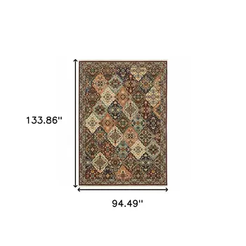 8' X 11' Red Rust Navy Light Blue Brown Orange Ivory And Gold Oriental Power Loom Stain Resistant Area Rug With Fringe