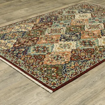 8' X 11' Red Rust Navy Light Blue Brown Orange Ivory And Gold Oriental Power Loom Stain Resistant Area Rug With Fringe