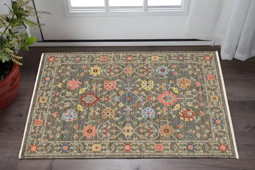 2' X 3' Gray Blue And Orange Oriental Area Rug With Fringe