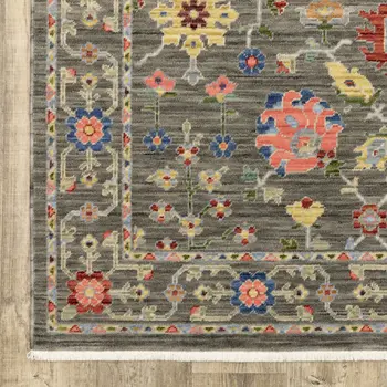 2' X 6' Grey Salmon Pink Gold Blue Rust Deep Blue Ivory And Green Oriental Power Loom Stain Resistant Runner Rug With Fringe