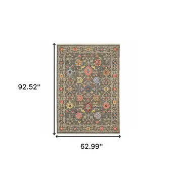 5' X 8' Gray Blue And Orange Oriental Area Rug With Fringe