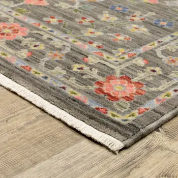 5' X 8' Gray Blue And Orange Oriental Area Rug With Fringe
