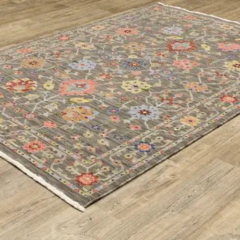 5' X 8' Gray Blue And Orange Oriental Area Rug With Fringe