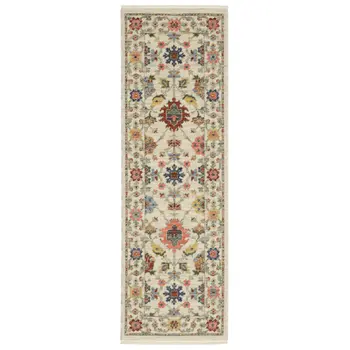 2' X 6' Ivory Salmon Pink Gold Blues Grey Rust And Green Oriental Power Loom Stain Resistant Runner Rug With Fringe