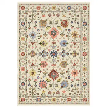 3' X 5' Ivory Salmon Pink Gold Blues Grey Rust And Green Oriental Power Loom Stain Resistant Area Rug With Fringe