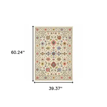 3' X 5' Ivory Salmon Pink Gold Blues Grey Rust And Green Oriental Power Loom Stain Resistant Area Rug With Fringe
