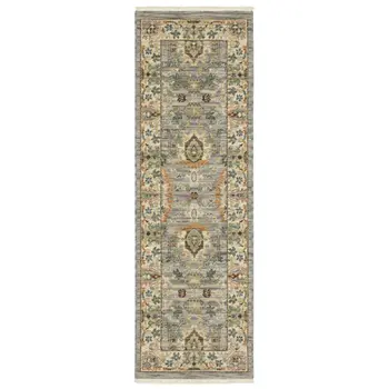 2' X 6' Grey Ivory Orange Teal Green Charcoal Blue And Red Oriental Power Loom Stain Resistant Runner Rug With Fringe