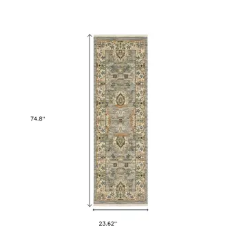 2' X 6' Grey Ivory Orange Teal Green Charcoal Blue And Red Oriental Power Loom Stain Resistant Runner Rug With Fringe