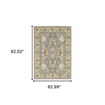5' X 8' Blue And Ivory Oriental Power Loom Stain Resistant Area Rug With Fringe