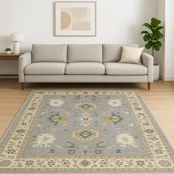 6' X 9' Grey Ivory Orange Teal Green Charcoal Blue And Red Oriental Power Loom Stain Resistant Area Rug With Fringe