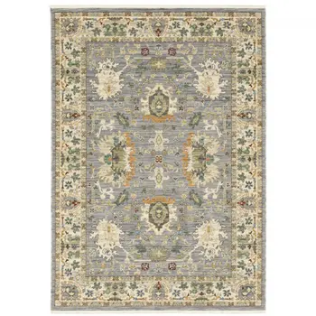 10' X 13' Grey Ivory Orange Teal Green Charcoal Blue And Red Oriental Power Loom Stain Resistant Area Rug With Fringe