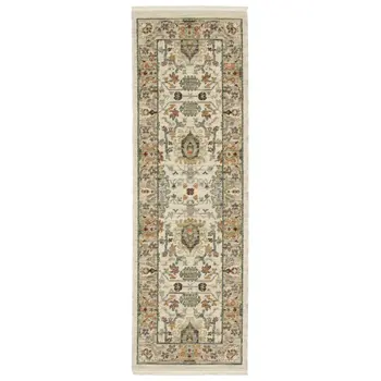 2' X 6' Ivory Grey Orange Green Blue And Red Oriental Power Loom Stain Resistant Runner Rug With Fringe