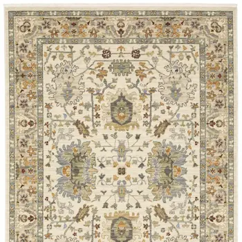 2' X 6' Ivory Grey Orange Green Blue And Red Oriental Power Loom Stain Resistant Runner Rug With Fringe