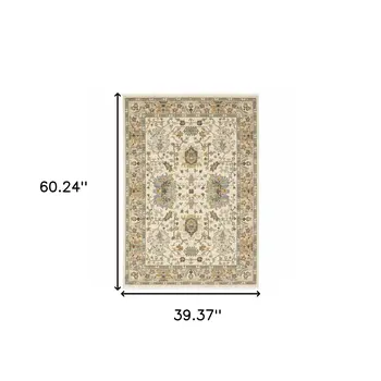 3' X 5' Ivory Grey Orange Green Blue And Red Oriental Power Loom Stain Resistant Area Rug With Fringe