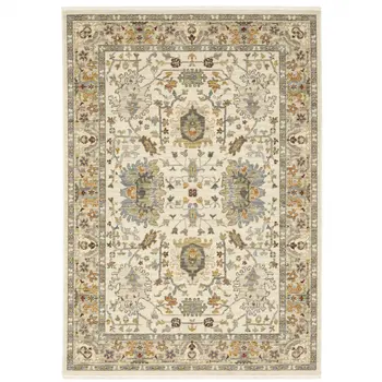5' X 8' Brown And Ivory Oriental Power Loom Stain Resistant Area Rug With Fringe