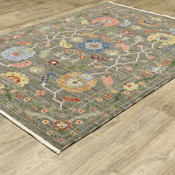 10' X 13' Gray Blue And Red Oriental Area Rug With Fringe