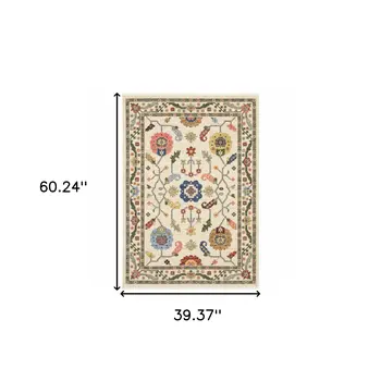 3' X 5' Ivory Green Blues Pink Yellow Rust Brown Tan And Grey Oriental Power Loom Stain Resistant Area Rug With Fringe