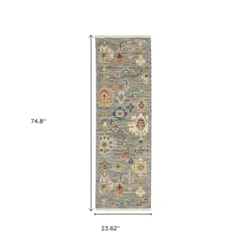 2' X 6' Grey Ivory Gold Salmon Red Blue And Green Oriental Power Loom Stain Resistant Runner Rug With Fringe