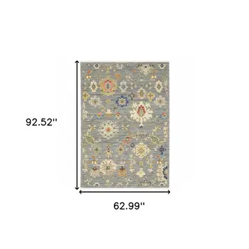 5' X 8' Gray Ivory And Blue Oriental Area Rug With Fringe