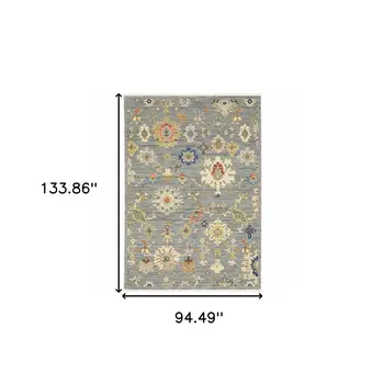 8' X 11' Gray Ivory And Blue Oriental Area Rug With Fringe