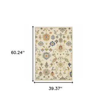 3' X 5' Ivory Beige And Blue Oriental Area Rug With Fringe