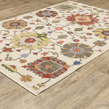 5' X 8' Ivory Blue And Red Oriental Area Rug With Fringe