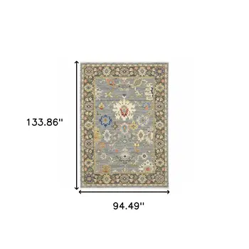 8' X 11' Blue Grey Gold Green Pink Orange Ivory And Red Oriental Power Loom Stain Resistant Area Rug With Fringe