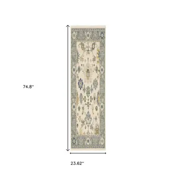 6' Ivory And Blue Oriental Runner Rug With Fringe
